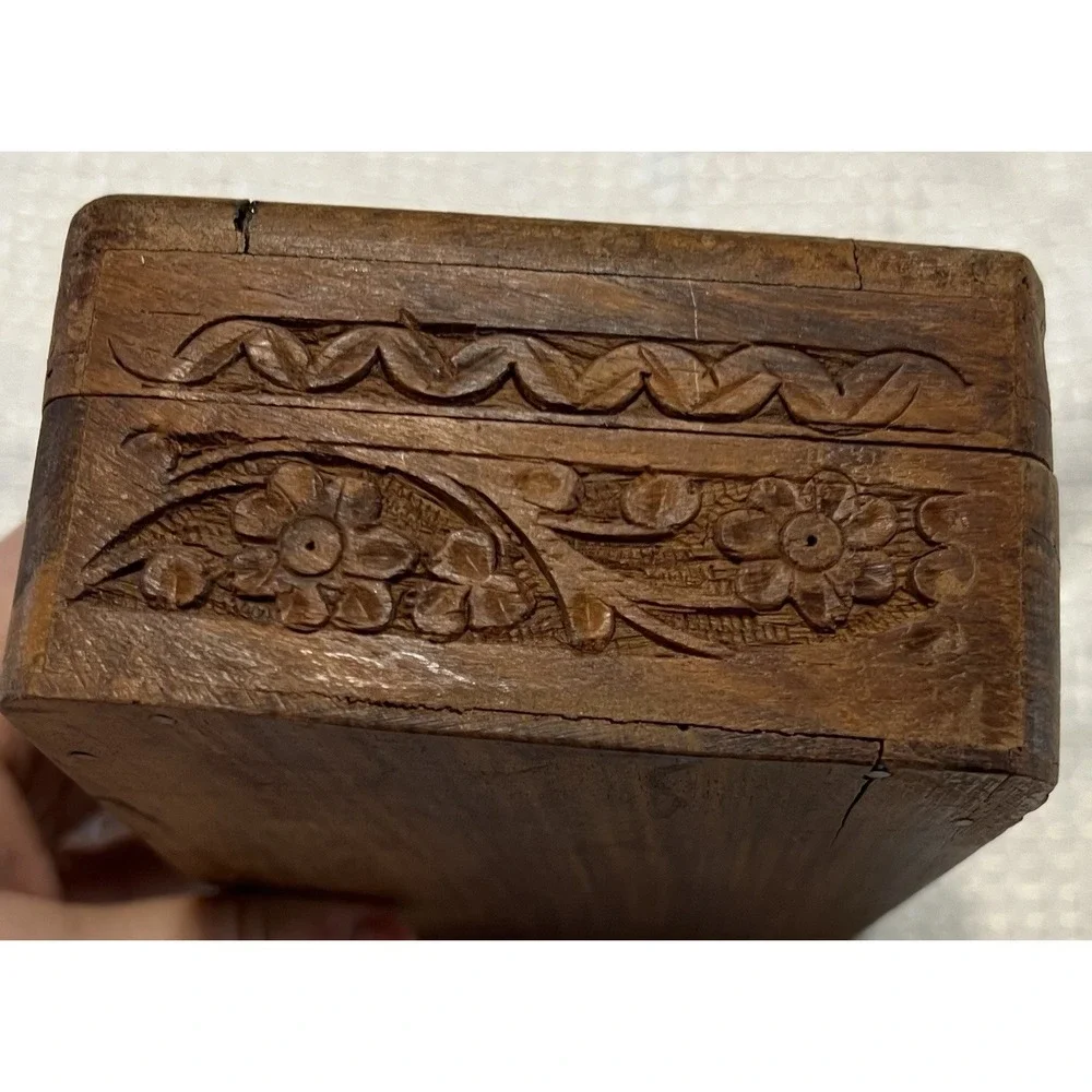 Vintage Hand Carved Wooden Rectangular Decorative‎ Box Owl Floral Pattern, Small